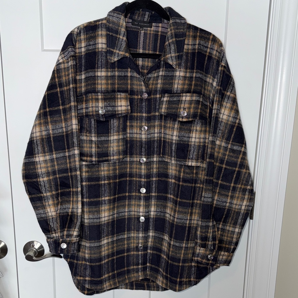 NWOT No Vacancy Brushed Wool Plaid Shacket - Navy and Tan - Picture 2 of 5